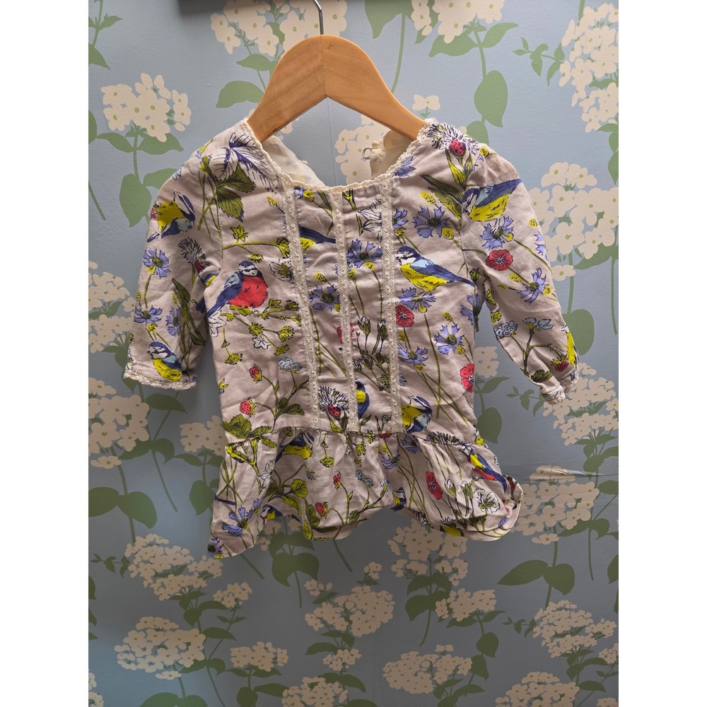 Mini Boden Girls Bird Strawberry Floral Peplum Top Cotton Lace Trim 2-3Y